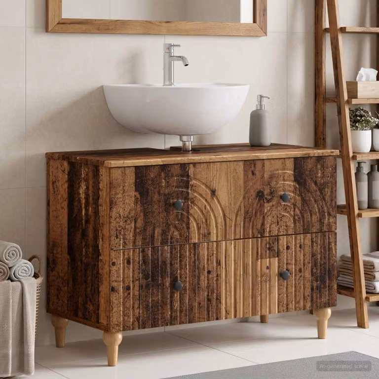 Armadio per lavabo da bagno vidaXL ALKMAAR in legno antico marrone con cassetti e ante