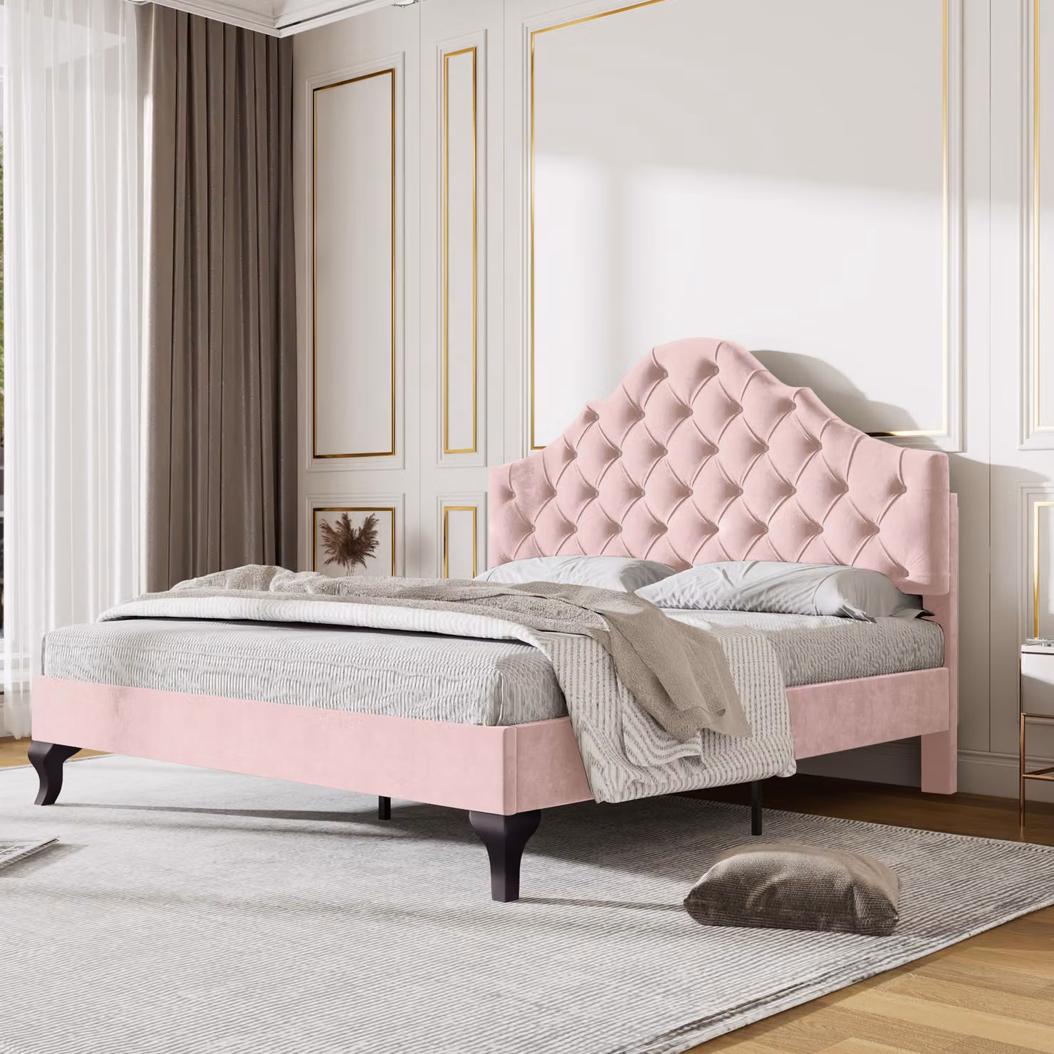 Letto imbottito STILVORA 140x200 cm, letto singolo per ragazzi in velluto e legno massello con rete a doghe, testiera regolabile in altezza, rosa (senza materasso)