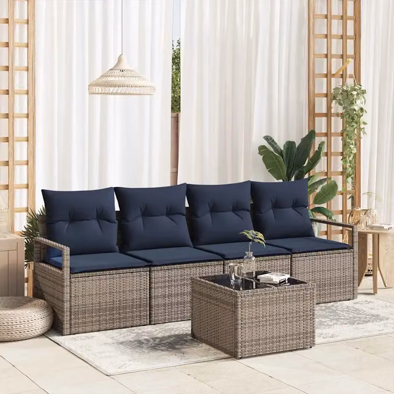 Set di divani da giardino vidaXL in polyrattan con cuscini, colore grigio e blu