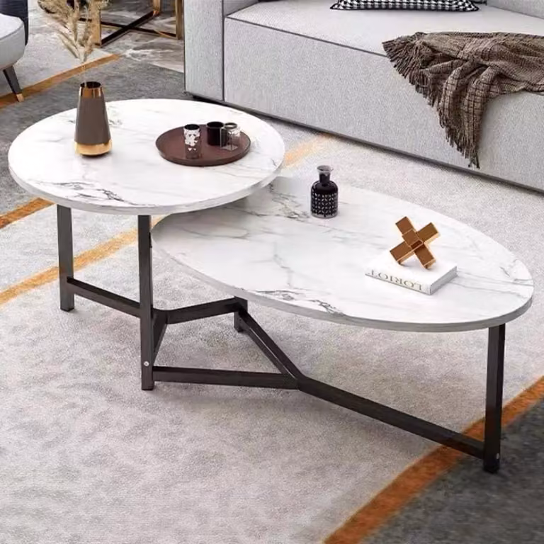 Tavolino da salotto con effetto marmo, dotato di 2 ripiani, disponibile in forme ovali e rotonde, ideale per il soggiorno
