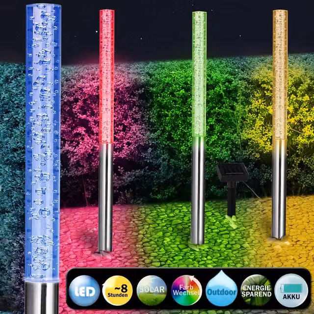 Set di 4 luci solari LED Monzana per giardino con effetto multicolore RGB, finitura argento e sensore crepuscolare, protezione IP44 – 1