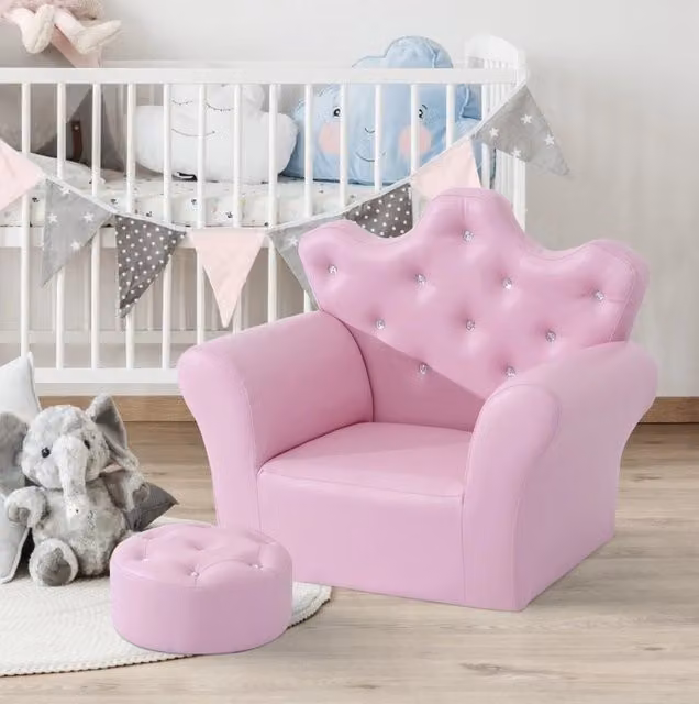 Poltroncina per bambini ULEVR rosa con pouf, braccioli e seduta imbottita in similpelle