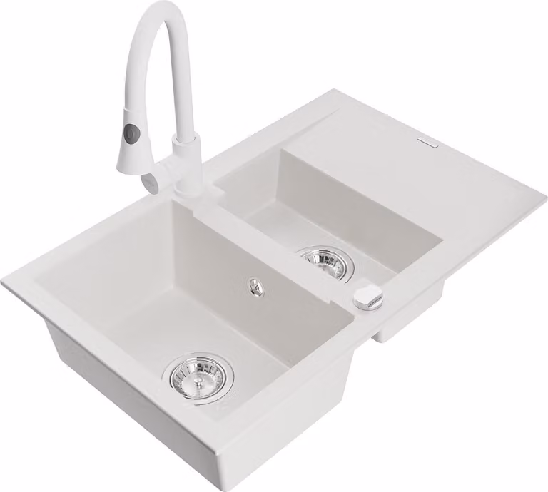 Mexen Gaspar lavello in granito a 1,5 vasche con gocciolatoio e rubinetto da cucina Elia, bianco - 6507-20-670101-20