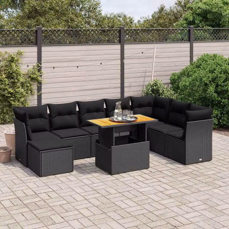 vidaXL Set Divani da Giardino 9 pz in Polyrattan Nero con Cuscini e Tavolino da Esterno