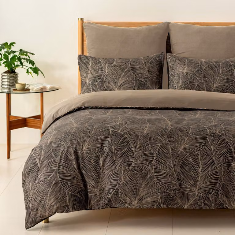 Set completo per copripiumino matrimoniale (220 x 240 cm) con 2 federe - Motivo: foglie tropicali - Colore: marrone scuro