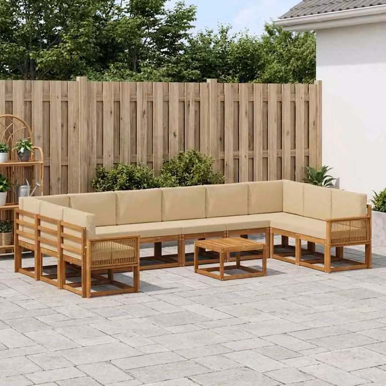 Set di divani da esterno vidaXL a forma di U in legno di acacia con cuscini, colore beige e marrone