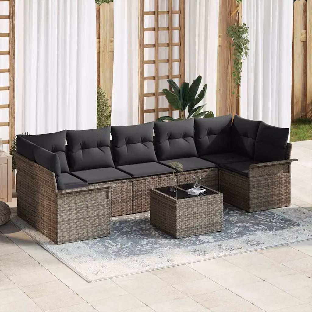 Set Divano da Giardino a L vidaXL 8 Pezzi Grigio con Cuscini e Tavolino in Polyrattan e Acciaio
