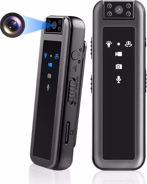 Camcorder portatile con sensore HD 1080p, lente rotativa 180 gradi e registrazione continua foto e video, colore nero