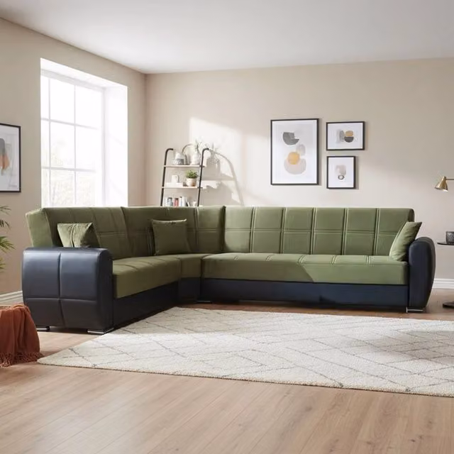 Divano letto angolare con contenitore Gaillardia DMORA in ecopelle e tessuto, modello moderno con apertura click-clack e penisola reversibile, L 305 x P 238 x H 91 cm, Nero e Grigio Scuro