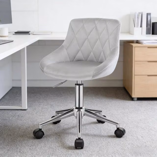 Sedia da ufficio girevole OKWISH in velluto grigio con base in metallo e ruote per home office