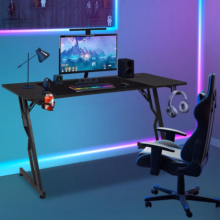 Ikodm Scrivania da gaming 120x60 cm con piano d'appoggio, illuminazione LED, ergonomica, a forma di Z