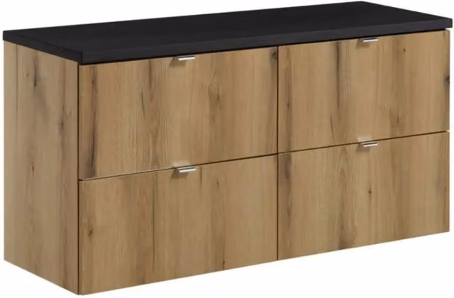 Set bagno sospeso VANO effetto rovere e nero 120cm: mobili sotto lavabo con cassetti + piano per lavabo