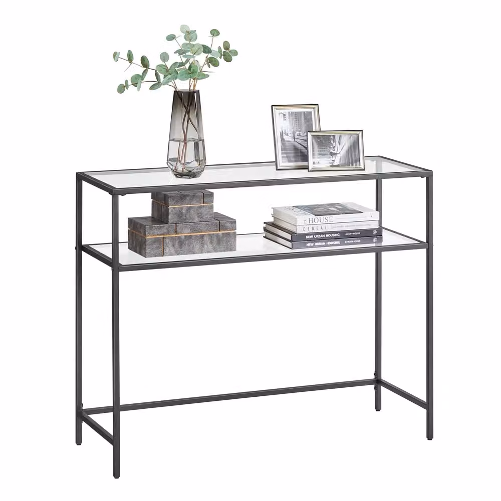 Tavolo Consolle in Vetro, Nero + Trasparente / 2 Tire (35P x 100L CM)
