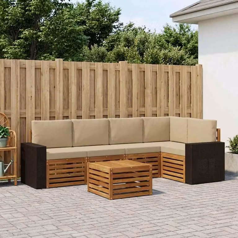 Set di divani da esterno vidaXL 6 pz a forma di L in legno di acacia con tavolino e cuscini, Beige e Marrone