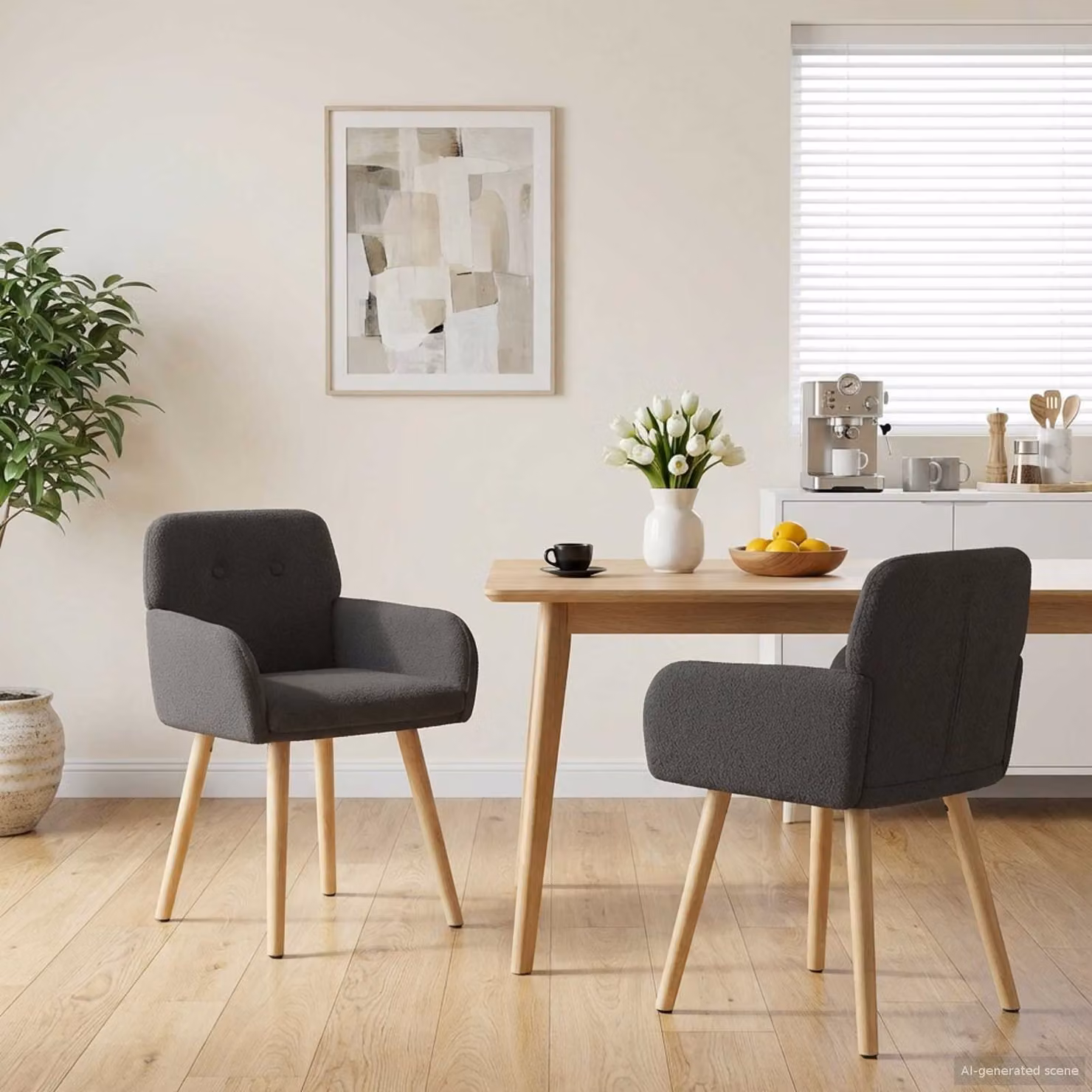 Set di 2 sedie da pranzo vidaXL in tessuto bouclé grigio con struttura in legno e metallo, L: 59 cm, P: 56,5 cm, H: 85 cm