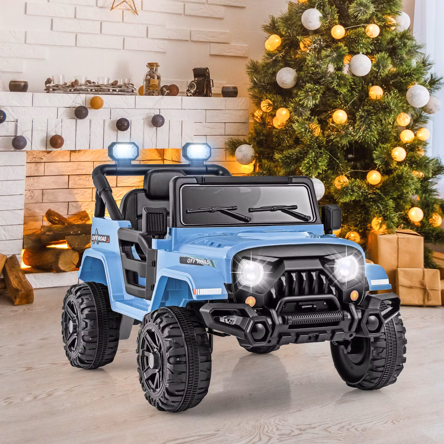 Costway Camion elettrico 12V con telecomando e ruote scolpite, Giocattolo a batteria con luci e suoni per bambini, Blu