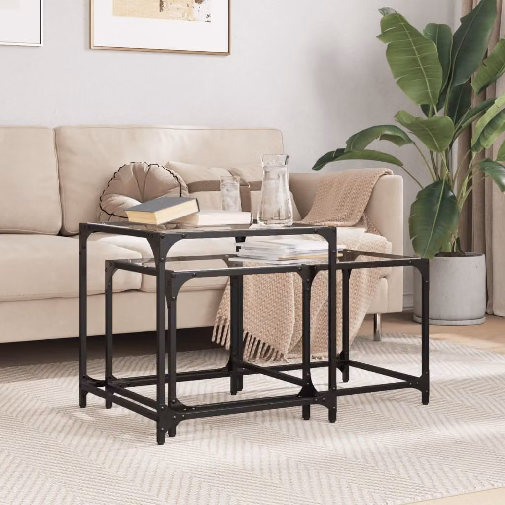 Maison Exclusive - Set di 2 tavolini con piano in vetro trasparente e struttura in acciaio