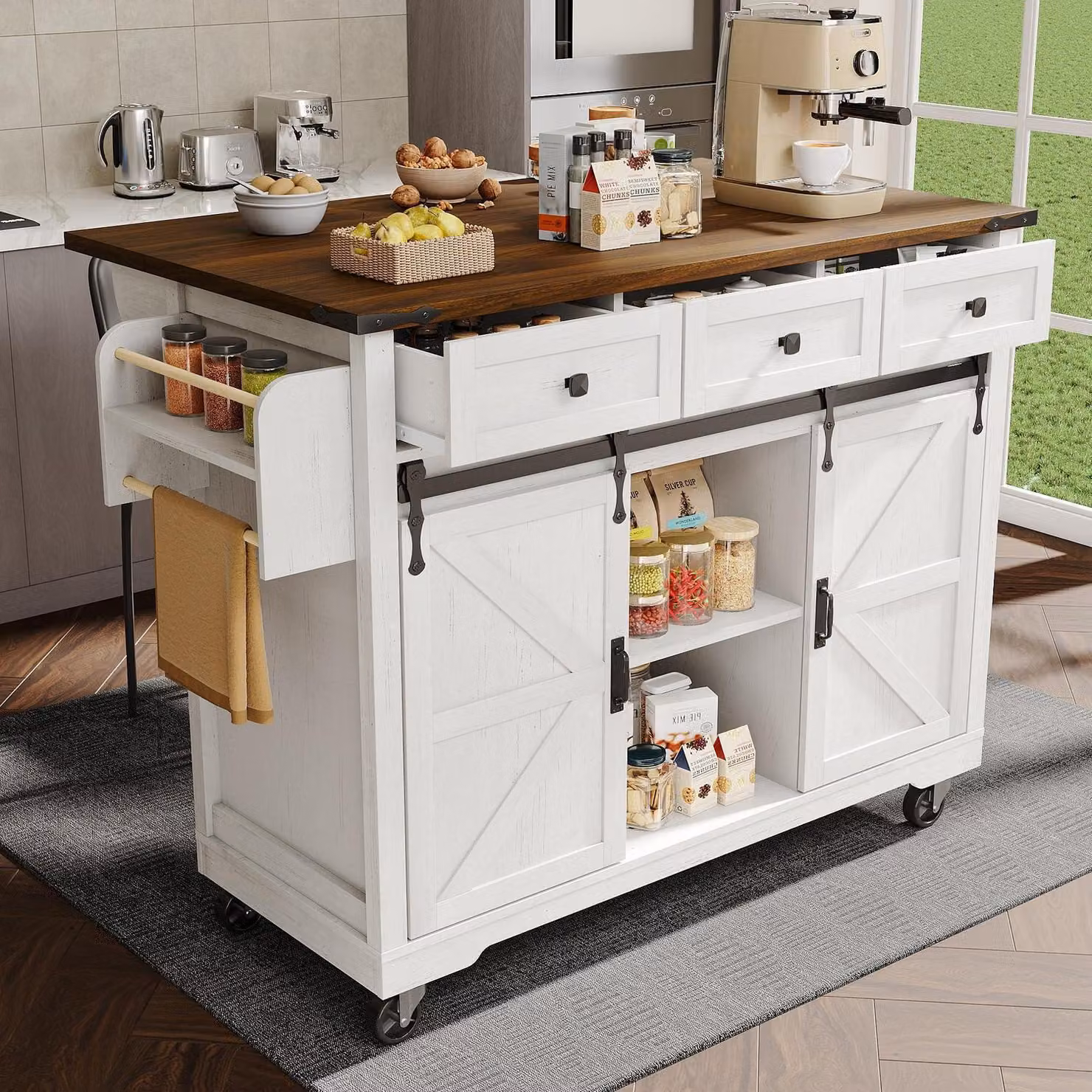Isola da cucina con piano di lavoro ribaltabile, 2 ante scorrevoli, 3 cassetti, color beige, dimensioni 140x45x94 cm