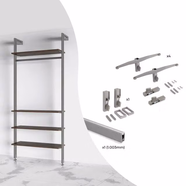 Kit di supporto Emuca Zero per 4 ripiani in legno e 1 barra di sospensione da 1 m in alluminio e plastica, colore Grigio Pietra e Nero