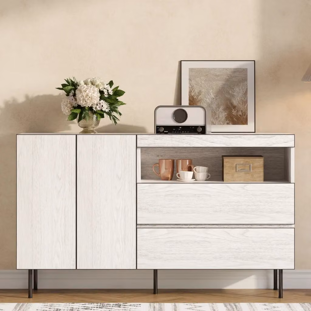 Credenza e madia OKWISH bianca con ante senza maniglie e ripiani aperti per soggiorno, L: 140 cm, P: 42 cm, H: 77 cm – 2