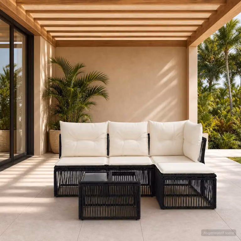 Set Divano da Giardino vidaXL 5 Pezzi Moderno a Forma di L con Cuscini, Tavolino e Pouf, Colore Nero e Bianco