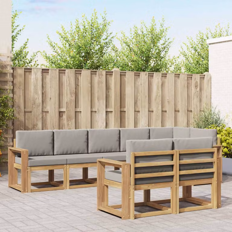 vidaXL Set di divani da esterno a forma di L composto da 8 pezzi in legno di acacia con cuscini, Bianco, Grigio e Marrone