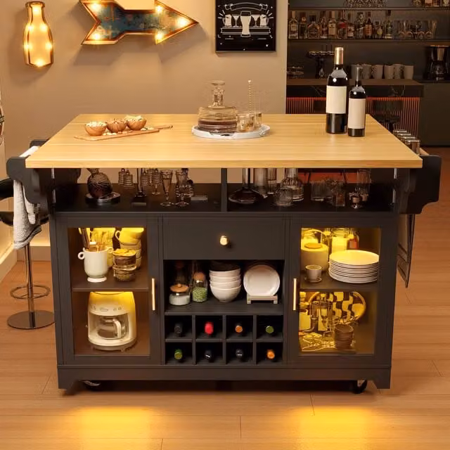 Isola cucina mobile con ruote e piano ribaltabile; 120 x 73 x 93 cm; 5 cassetti; nero