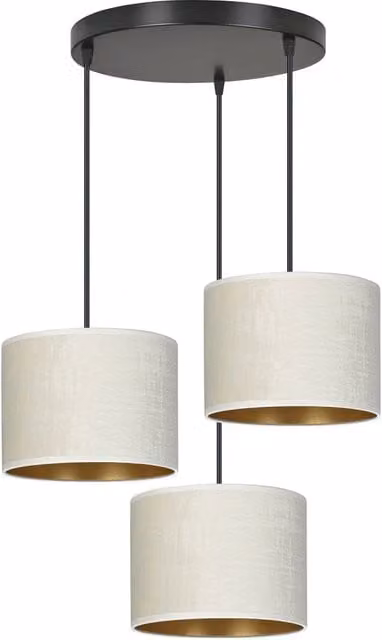 Lampadario Sospeso Tondo Luceart-Classic con 3 Luci in Metallo Nero e Paralumi in Tessuto Beige e Oro