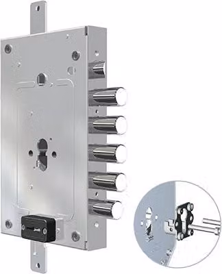 Serratura in metallo da applicare modello 2956 Pedm Cr Dm con fascio sagomato M2 triplo e scrigno in acciaio inox colore argento
