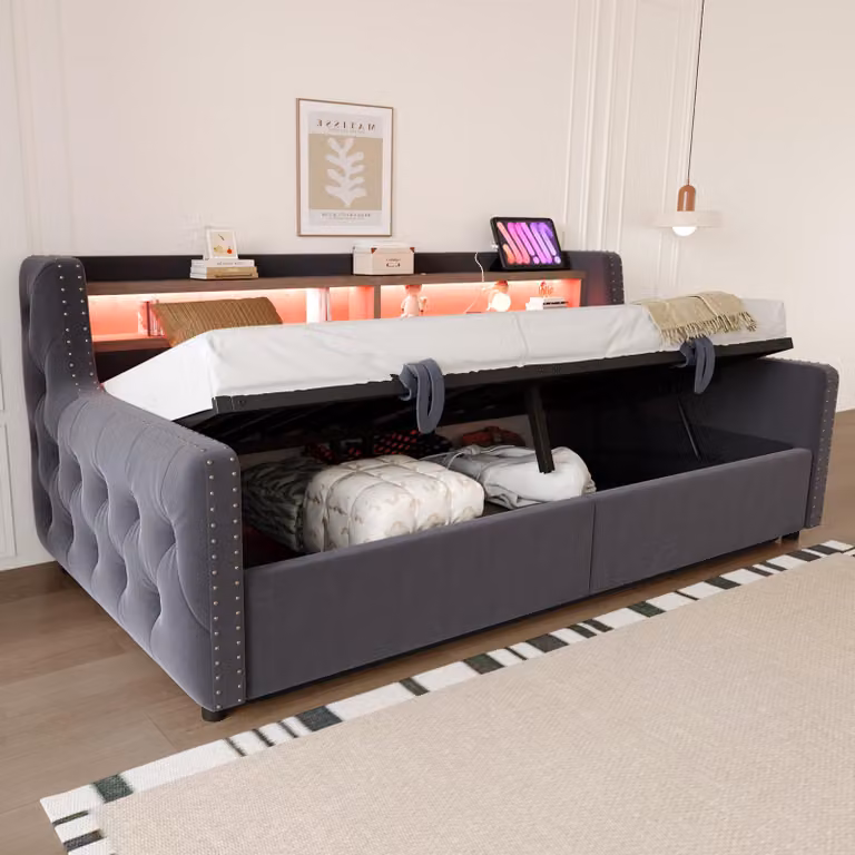 Flieks divano letto da giorno 90x200cm con contenitore, letto imbottito per ragazzi con led, divano letto singolo con funzione di carico, velluto, grigio scuro