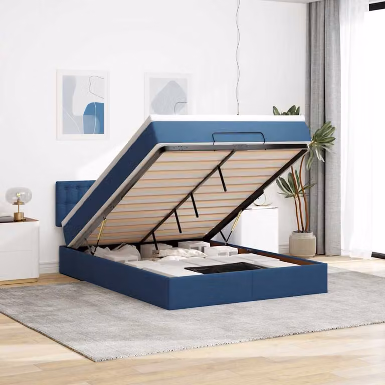 vidaXL Struttura Letto con Materasso e Pouf Blu e Bianco in Tessuto, L/P/H: 203 x 144 x 88 cm