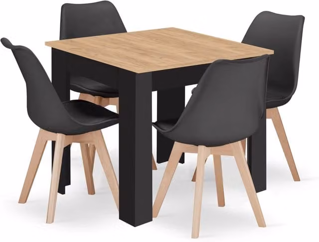 Set da tavolo artigianale VALORA con 4 sedie RIXK, gambe nere + gambe naturali NP