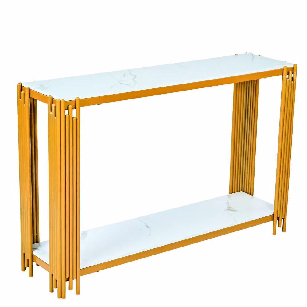 Consolle Minimal con 2 ripiani effetto marmo bianco e struttura in metallo dorato L/P/H: 123.5 x 33.5 x 80 cm – 2