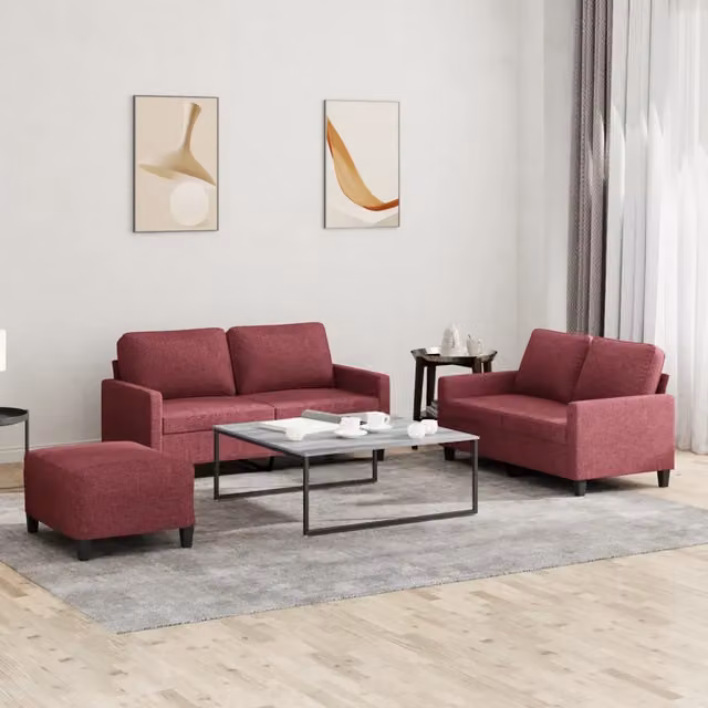 Set di Divani 3 pz con Cuscini Rosso Vino in Tessuto 3201458