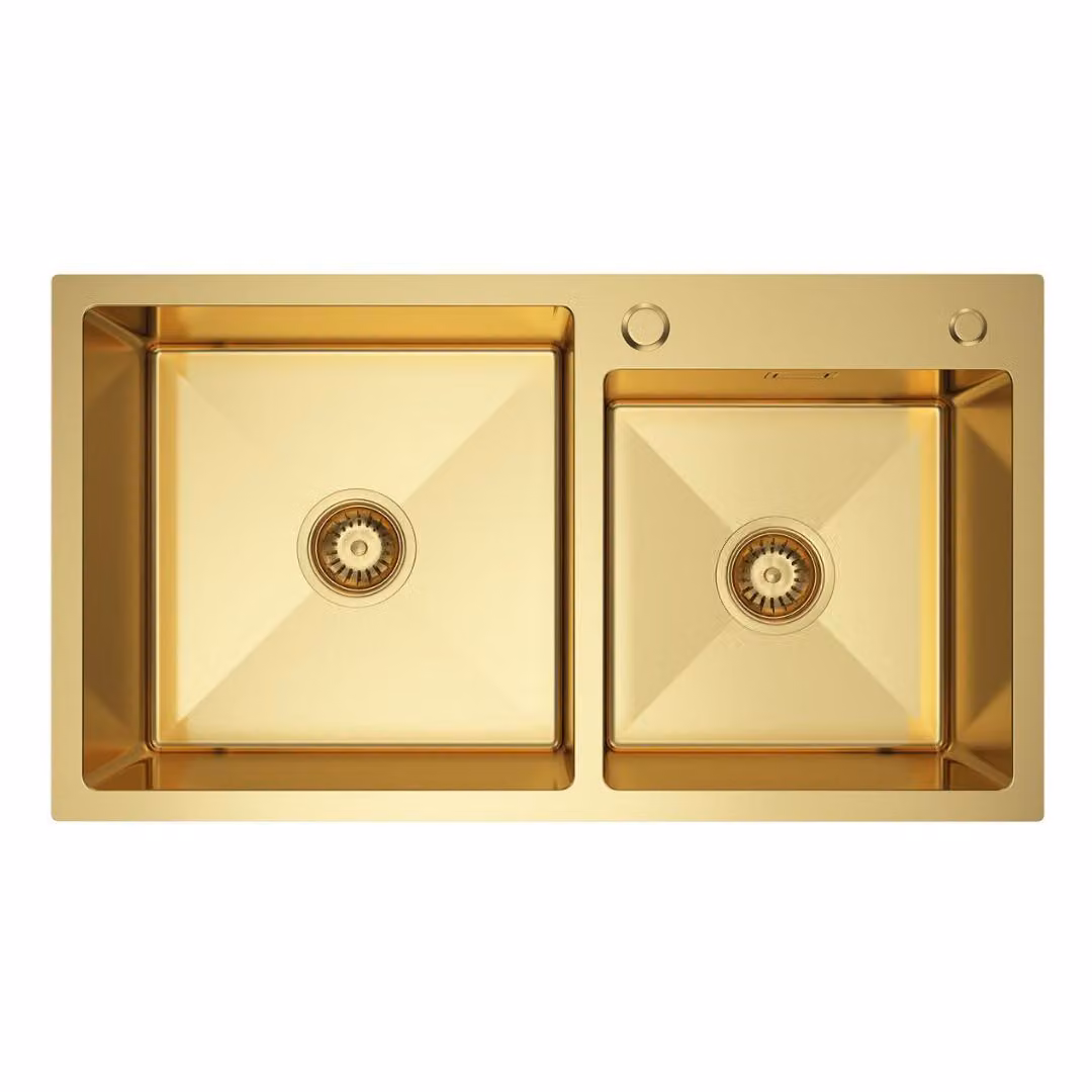 VBChome Lavello da cucina 78×45 cm in acciaio inossidabile color oro – Lavello a doppia vasca, profondità 21 cm, mobile sottolavello minimo 80 cm