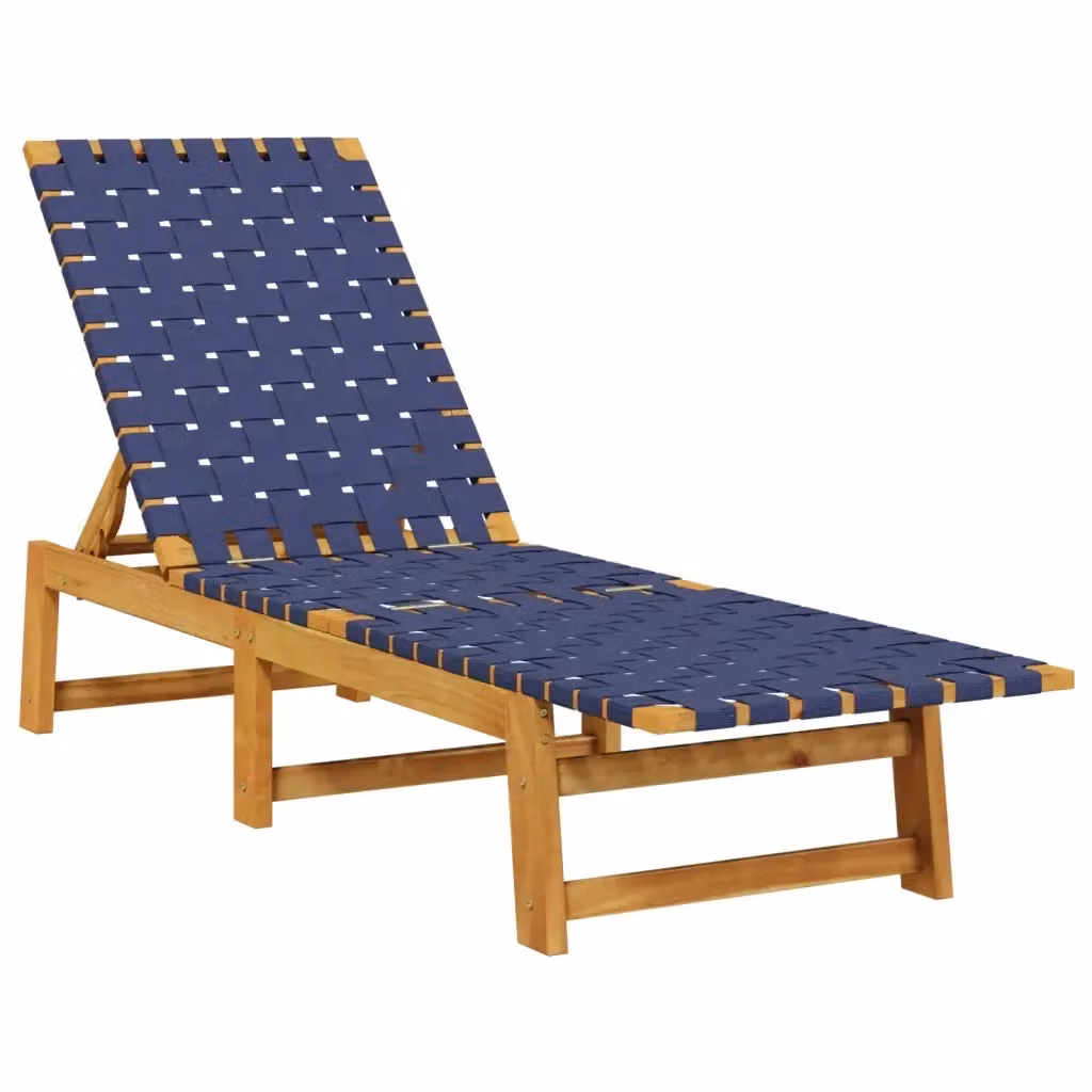 Lettino prendisole vidaXL in legno di acacia oliato con tessuto blu e marrone, poggiatesta regolabile e struttura multi-posizione per giardino e terrazzo – 2