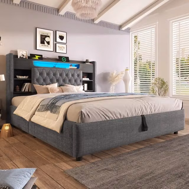 Letto imbottito ULEVR 140x190 cm con contenitore idraulico, LED, USB e USB-C, testiera con ripiani grigio