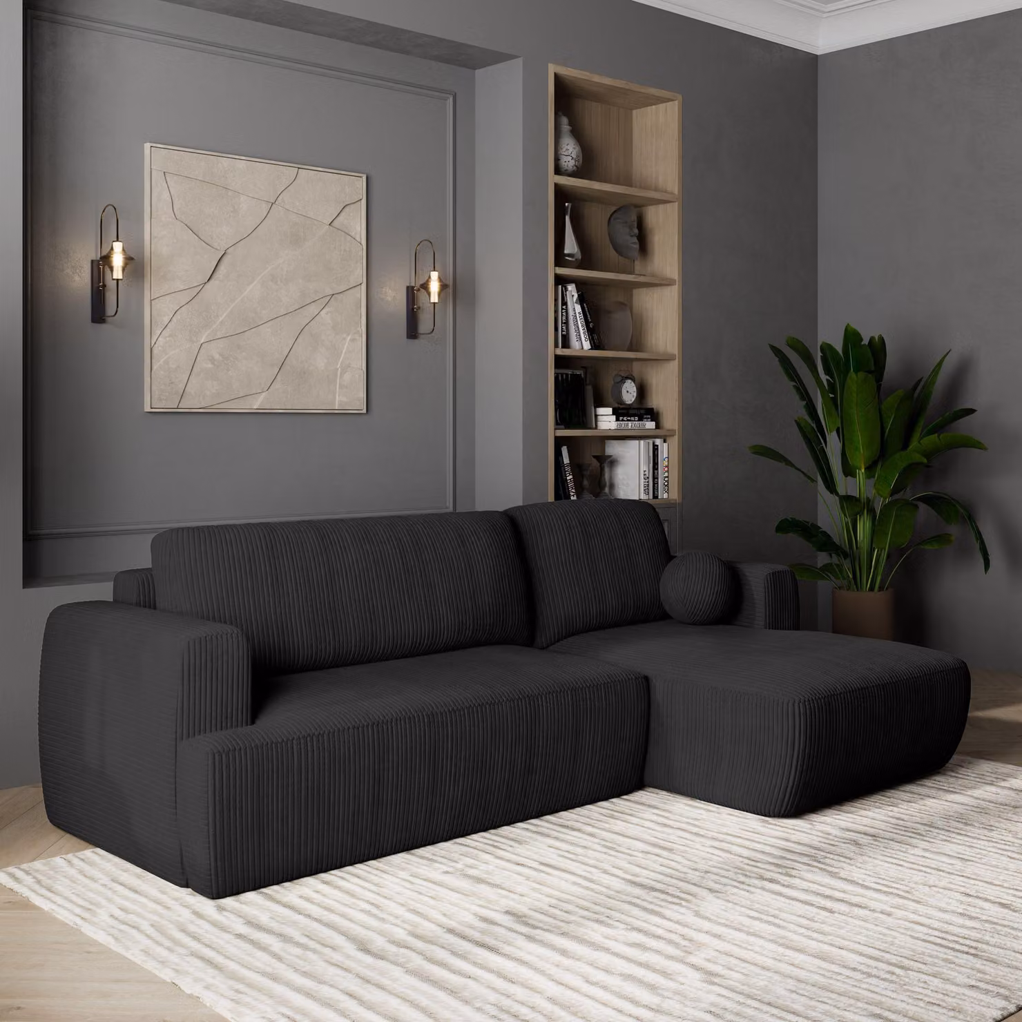 Divano angolare Masseno SENTI P R-S con funzione letto a L, divano con box letto, divano da salotto, divano, divano, divano letto, set di divani - nero, POSO 135