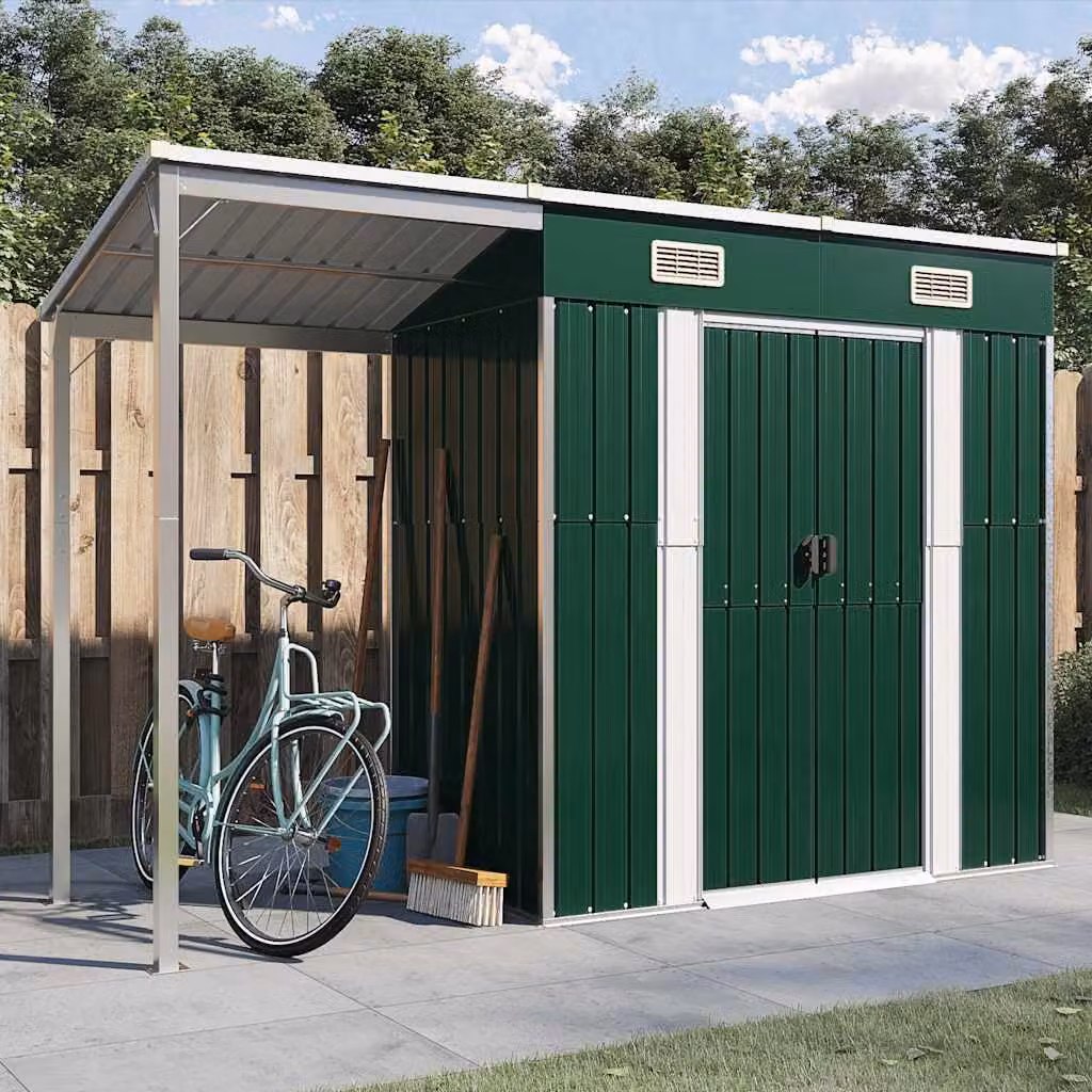 Capanno da giardino vidaXL in acciaio galvanizzato verde con tetto esteso L/P/H: 277 x 107 x 181 cm
