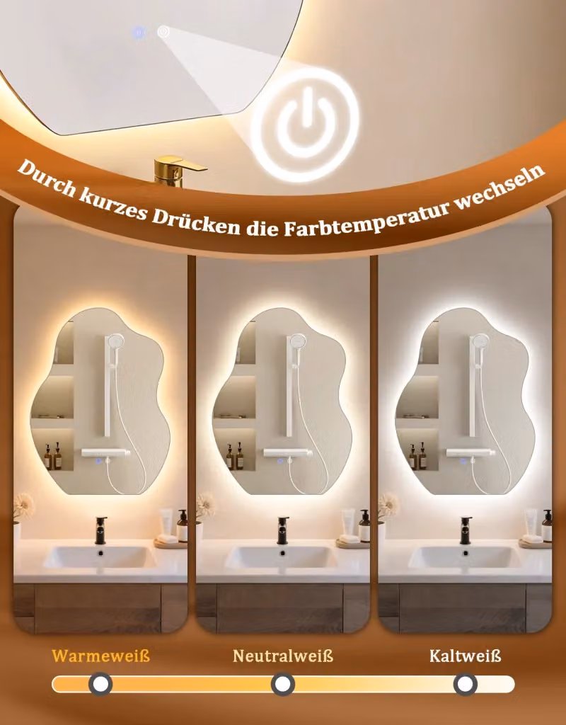 Specchio da bagno LED ZMH con design asimmetrico, funzione antiappannante, dimmerabile e interruttore touch, colore bianco, L: 60 cm, H: 80 cm – 2