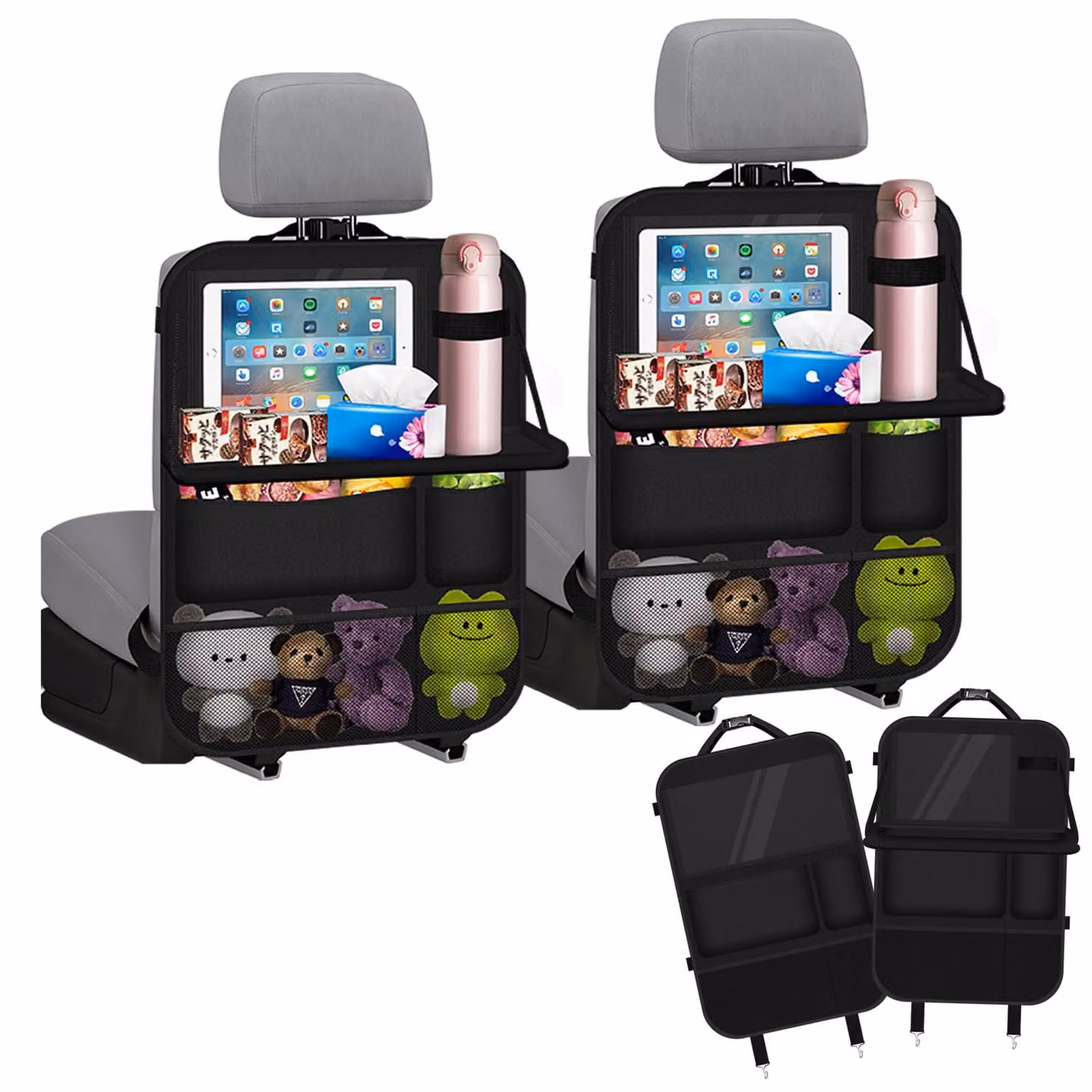 Organizzatore multifunzionale per sedili auto, confezione da 2 pezzi, con tavolino pieghevole