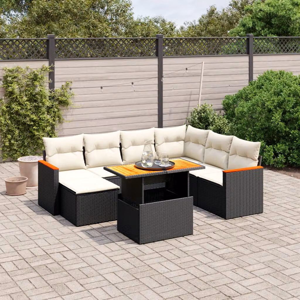 vidaXL Set Divani da Giardino a L in Polyrattan con Cuscini e Tavolino, 8 Pezzi, Nero e Bianco – 1