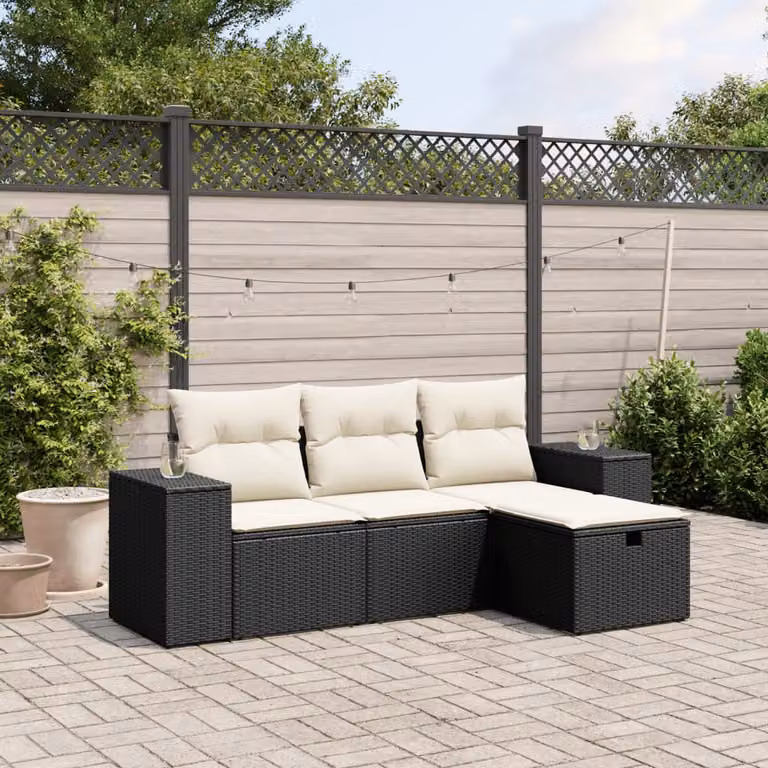 Set di Divani da Giardino vidaXL a Forma di L con Cuscini, Polyrattan e Struttura in Metallo, Nero e Bianco
