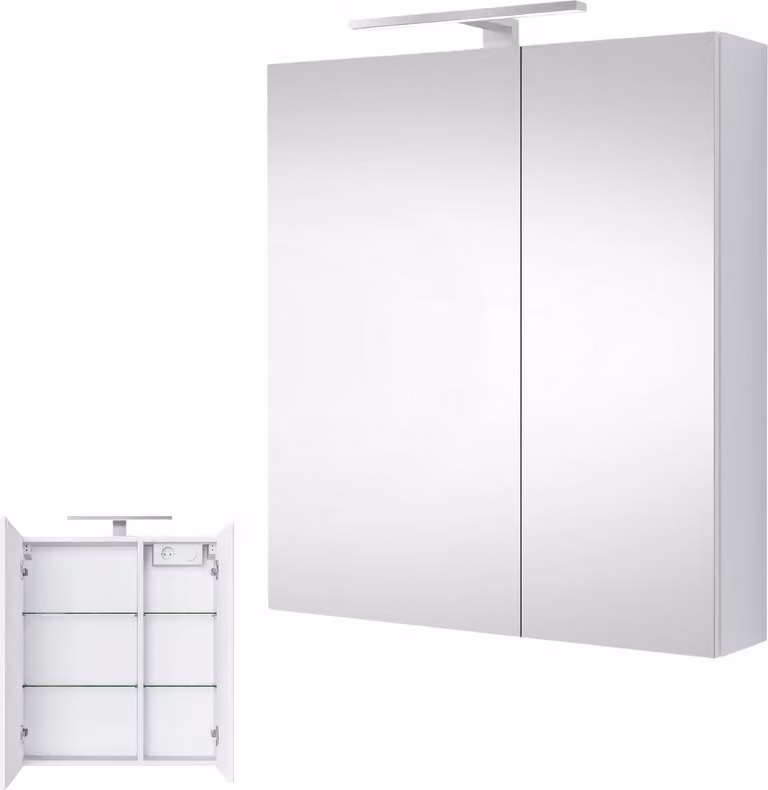 Planetmöbel mobile a specchio 60cm bianco, mobile da bagno con specchio e illuminazione LED, specchio da bagno con mobile