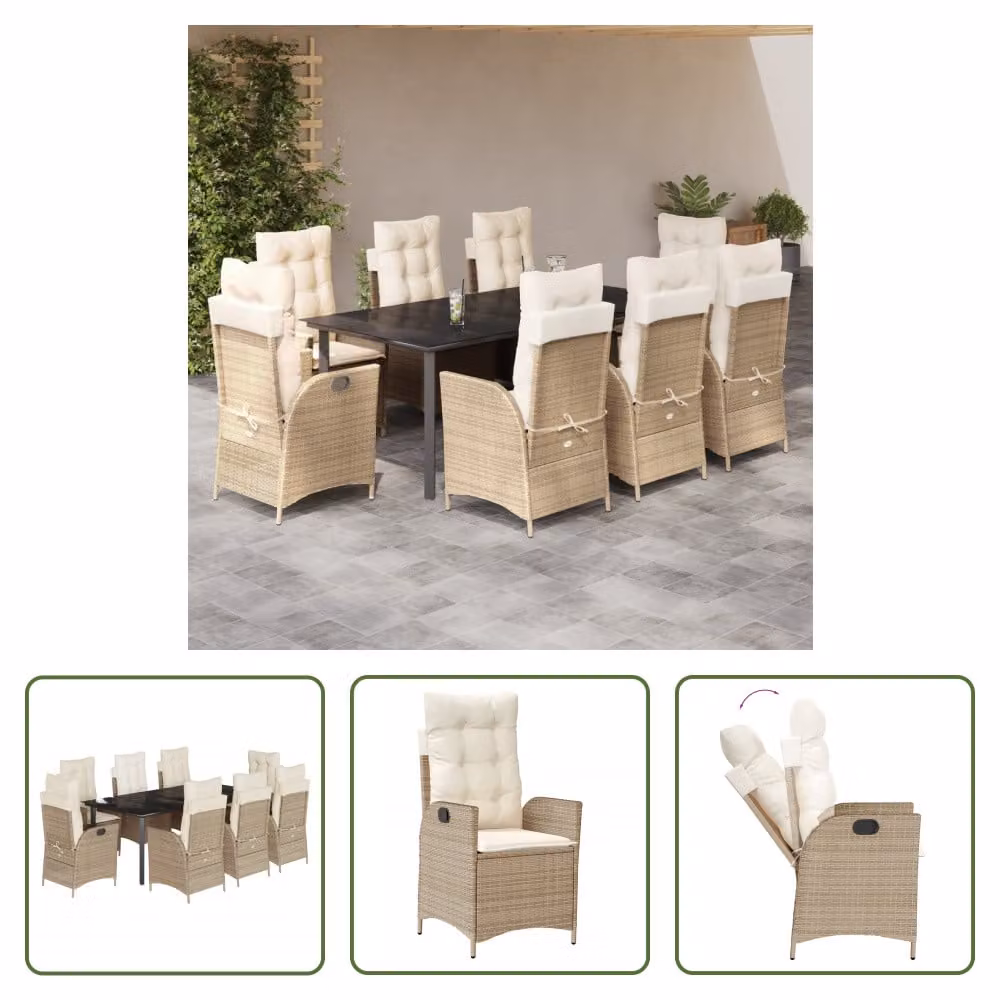 The Living Store Set da pranzo da giardino 9 pezzi con cuscini Beige poly rattan