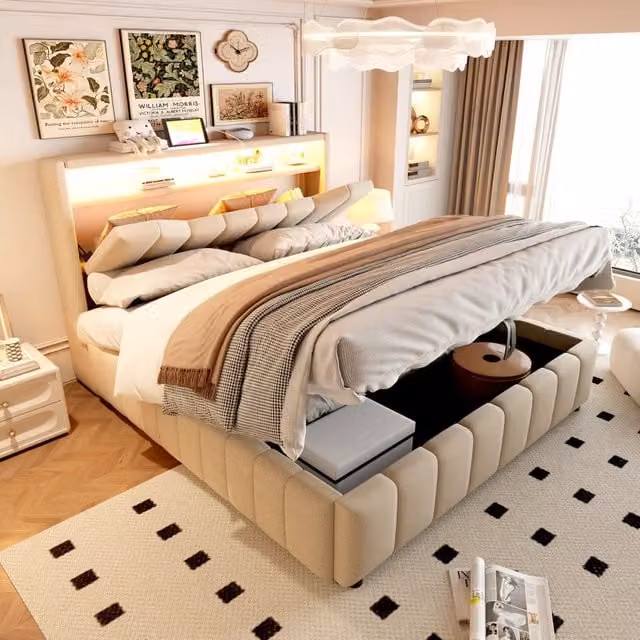letto imbottito tessuto beige 140 x 200 cm