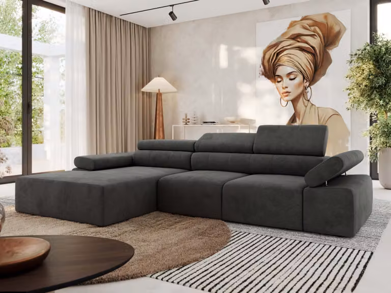 MKS MEBLE Divano ad L RILASSO con funzione relax e poggiatesta regolabili - Grigio scuro velluto - Versione con apertura a sinistra