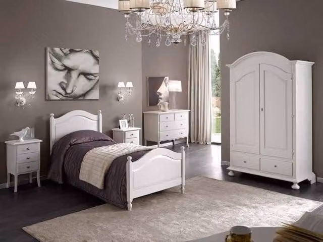 Set camera da letto completa shabby chic bianca Mobili 2G con letto singolo 90x190 cm, armadio, cassettiera e comodino in legno e mdf laccato – 1
