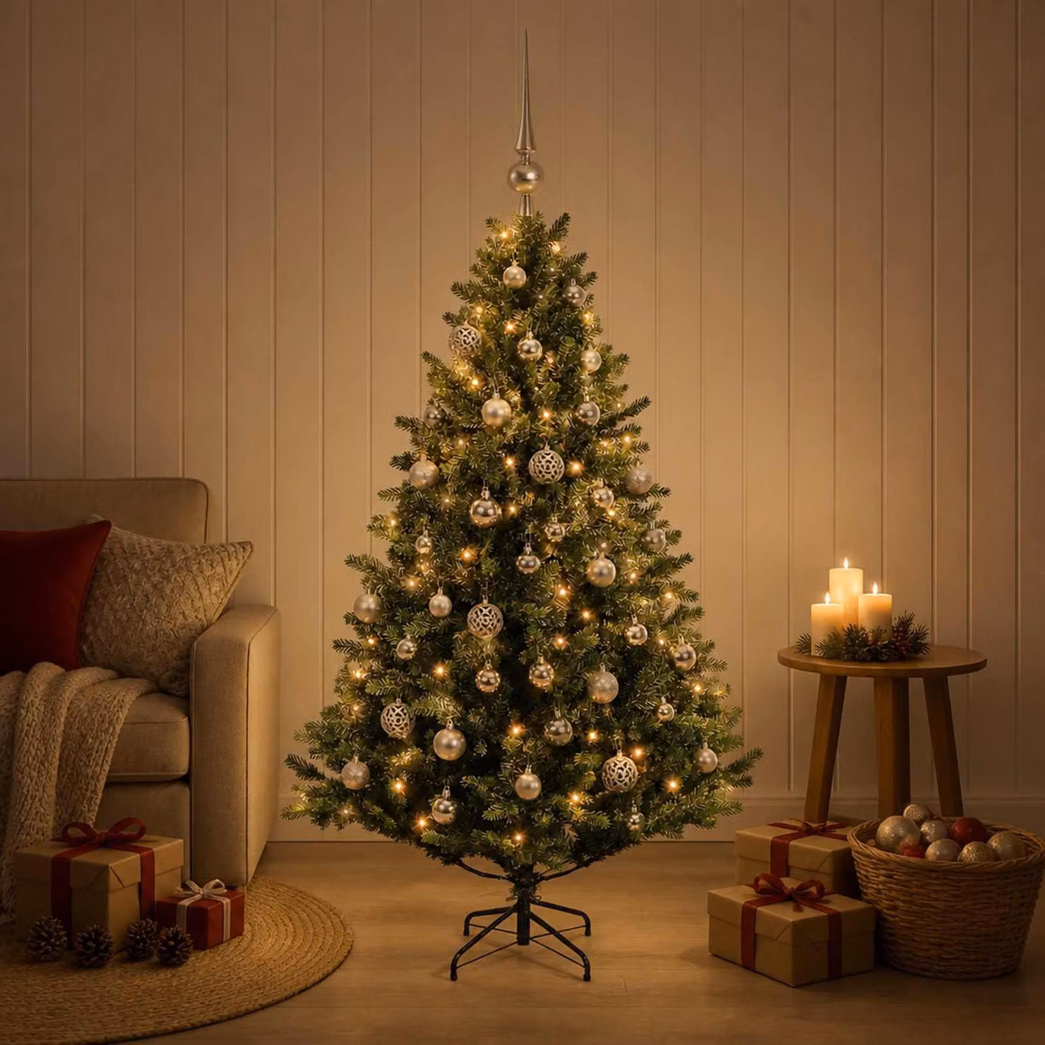 Albero di Natale artificiale con decorazioni a sfera, altezza 120 cm, 150 luci LED