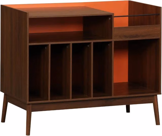 Mobile vintage per vinili Sweeek in stile scandinavo bicolore arancione e blu con effetto legno noce e dettagli in metallo, L: 100 cm, P: 40 cm, H: 81,5 cm